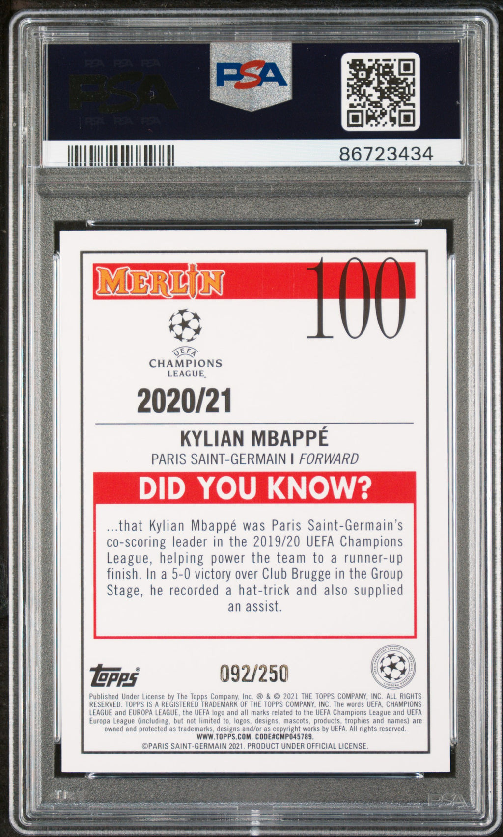 Kylian Mbappe 2020 Topps Chrome Merlin UEFA Atomic Refractor Paris 92/200 PSA 10