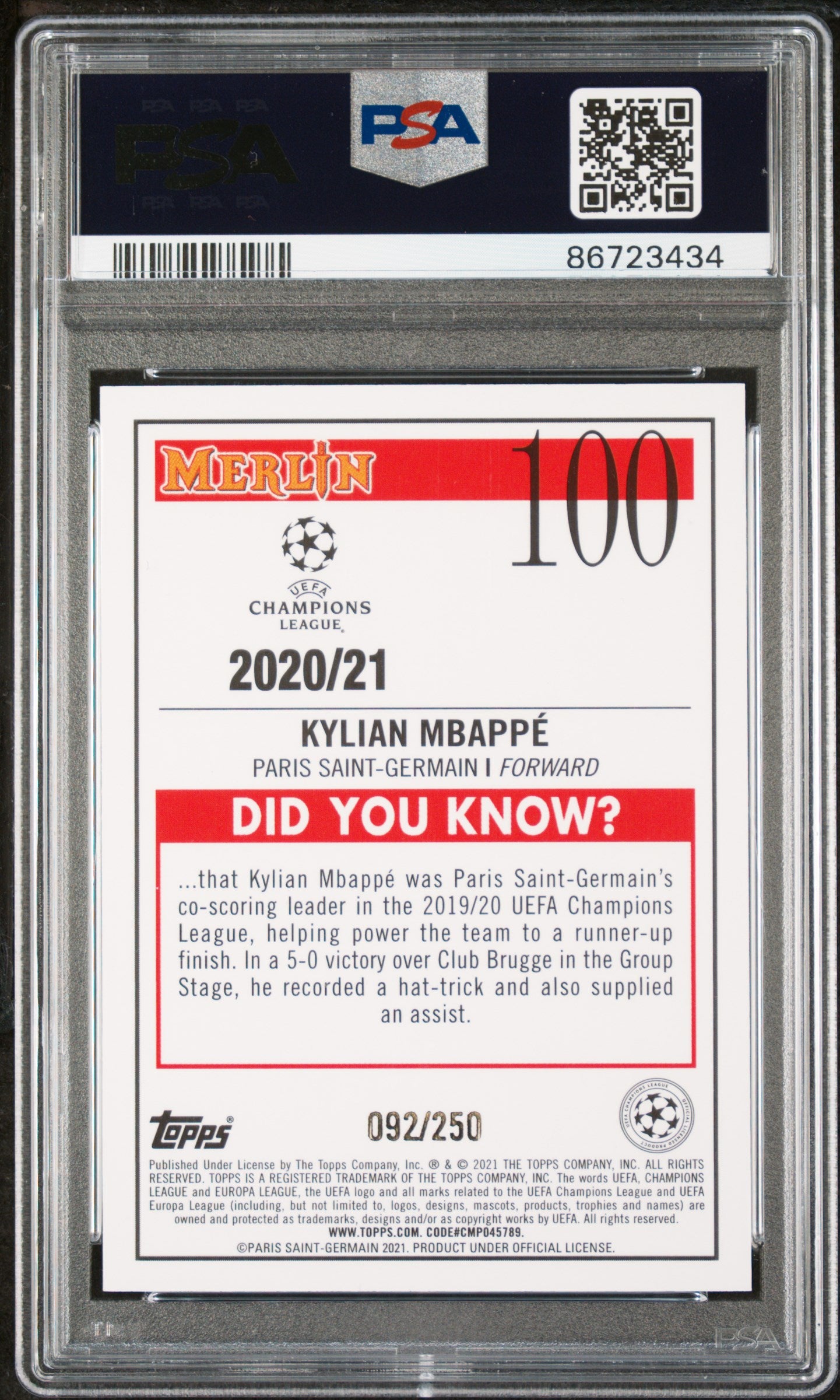 Kylian Mbappe 2020 Topps Chrome Merlin UEFA Atomic Refractor Paris 92/200 PSA 10