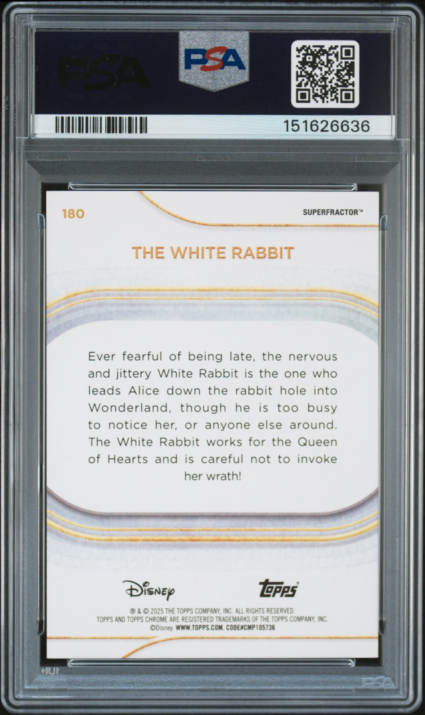 The White Rabbit 2025 Topps Chrome Disney SUPERFRACTOR 1/1 PSA 9 #180