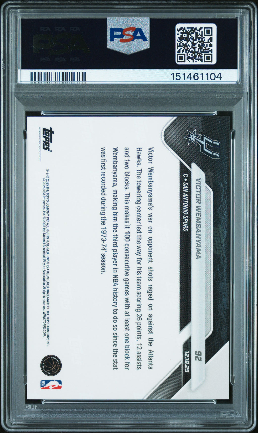 Victor Wembanyama 2025 Topps Now 100 Straight Games Spurs #92 PSA 10