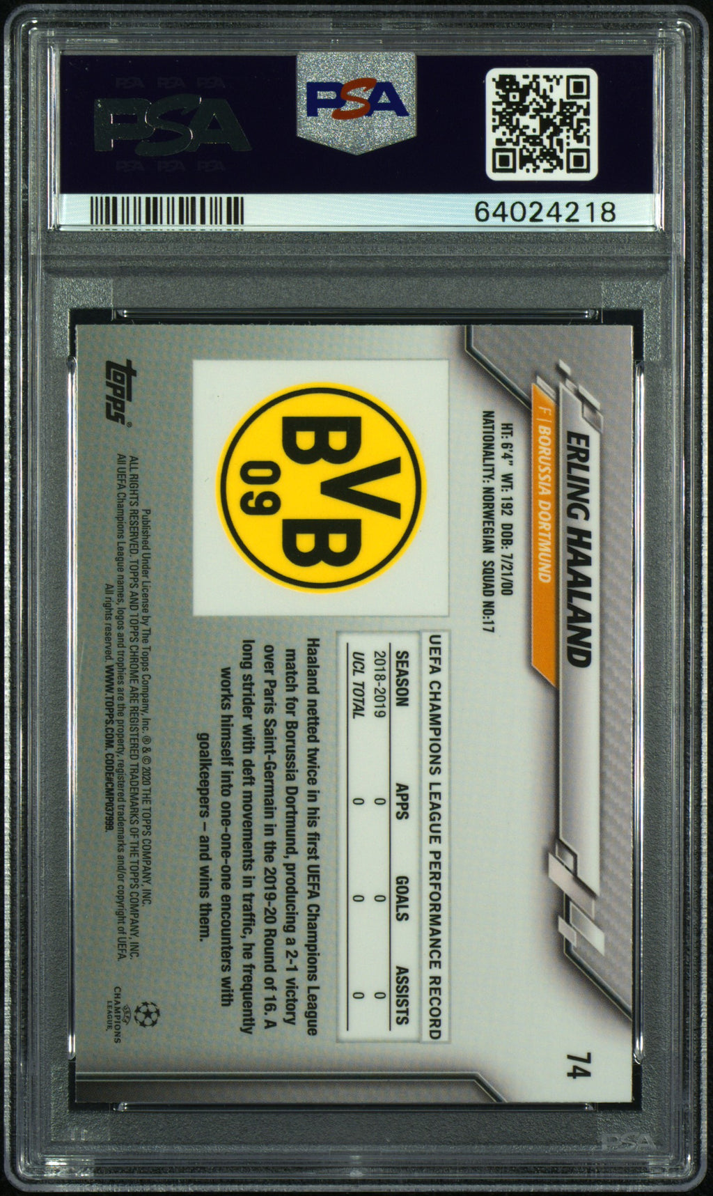 Erling Haaland 2019 Topps Chrome Rookie RC Dortmund #74 PSA 9