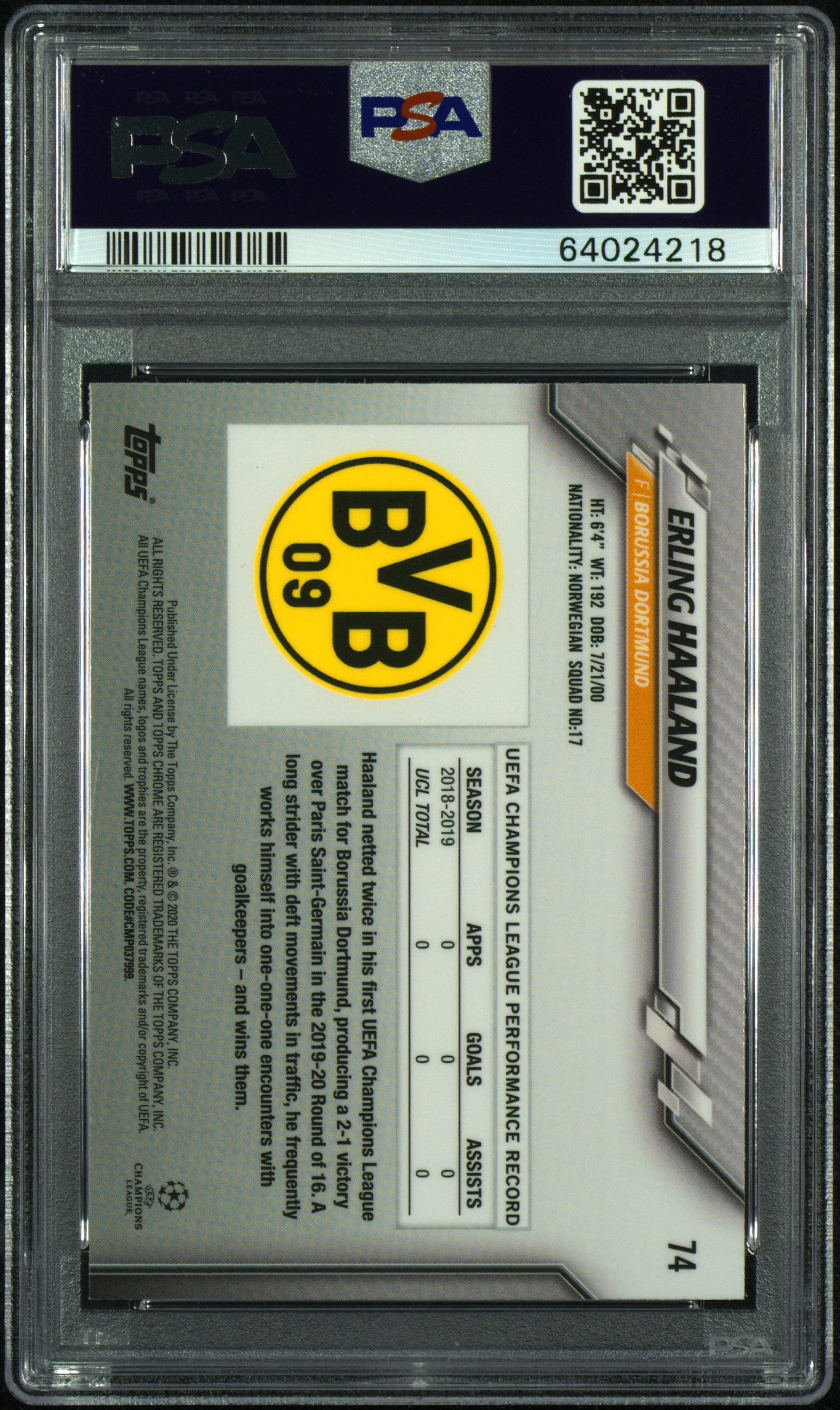 Erling Haaland 2019 Topps Chrome Rookie RC Dortmund #74 PSA 9