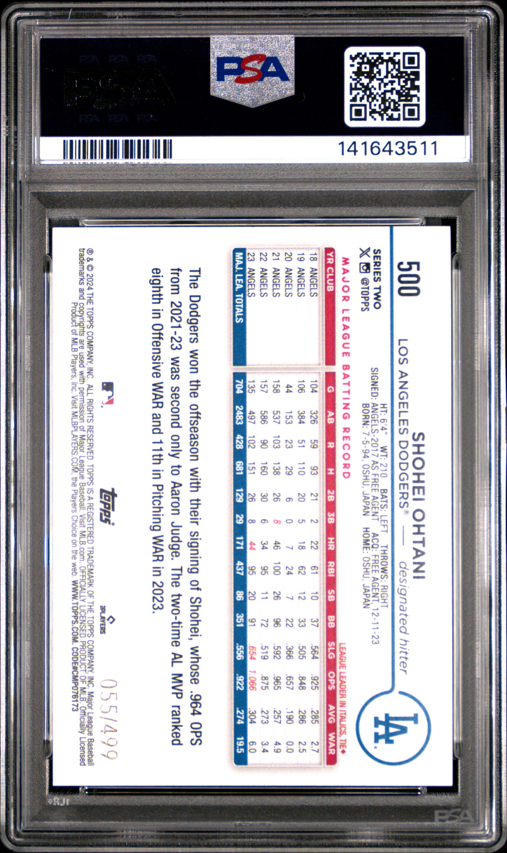 Shohei Ohtani 2024 Topps Green Crackle Foil Board LA Dodgers 55/499 #500 PSA 10