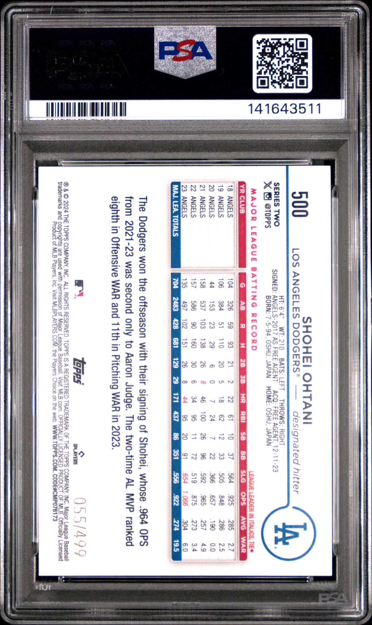 Shohei Ohtani 2024 Topps Green Crackle Foil Board LA Dodgers 55/499 #500 PSA 10