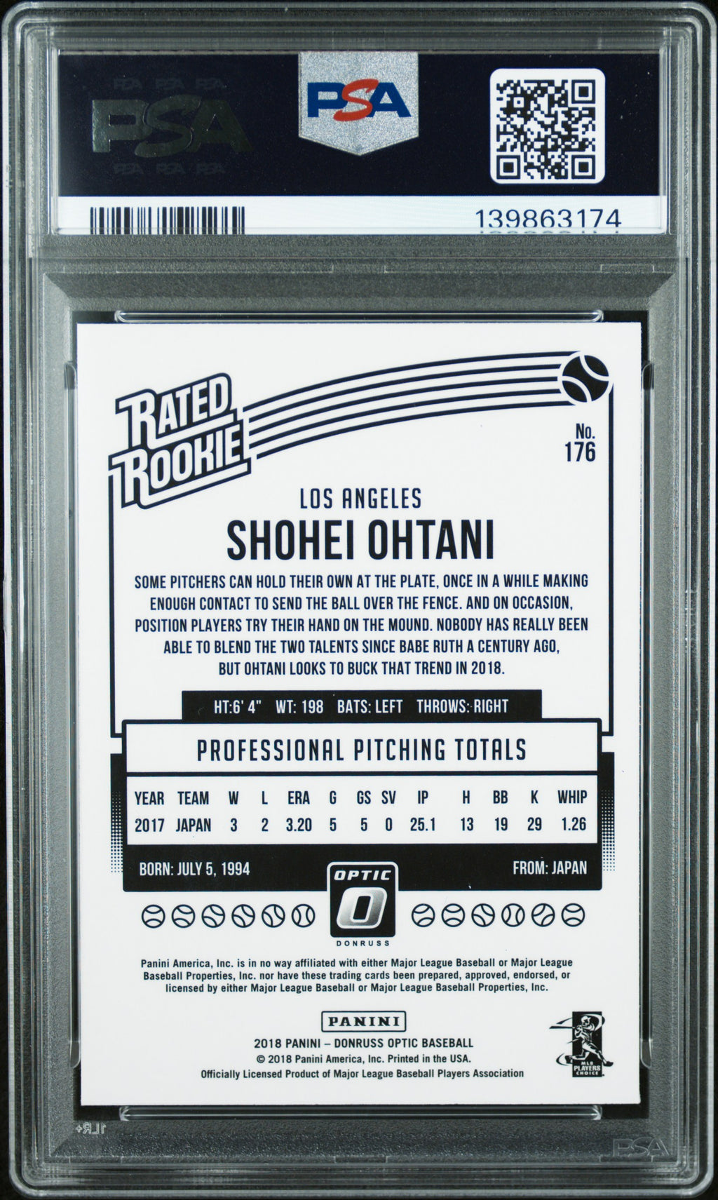 Shohei Ohtani 2018 Optic Rated Rookie Pitching RC Los Angeles Angels #176 PSA 10