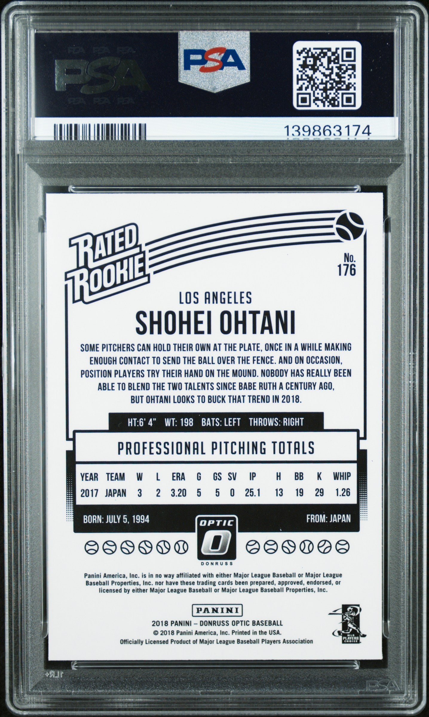 Shohei Ohtani 2018 Optic Rated Rookie Pitching RC Los Angeles Angels #176 PSA 10