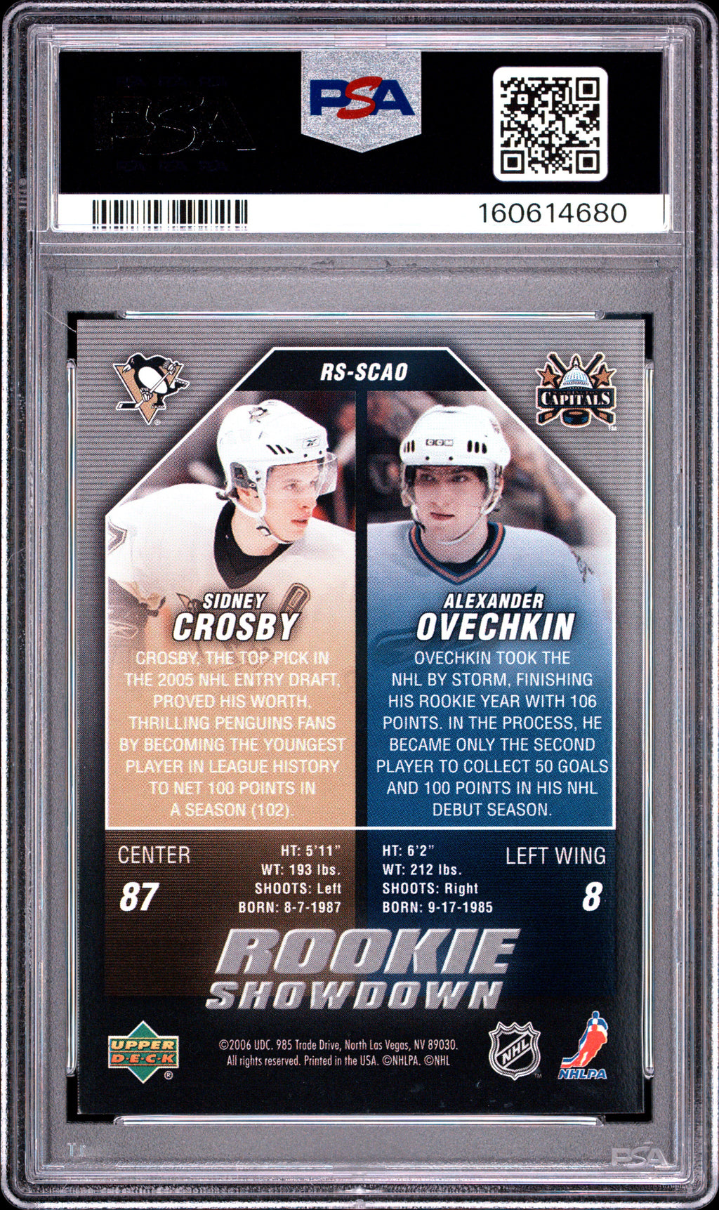 Alenander Ovechkin Sidney Crosby 2005 Upper Deck Rookie Showdown RC #SCAO PSA 9