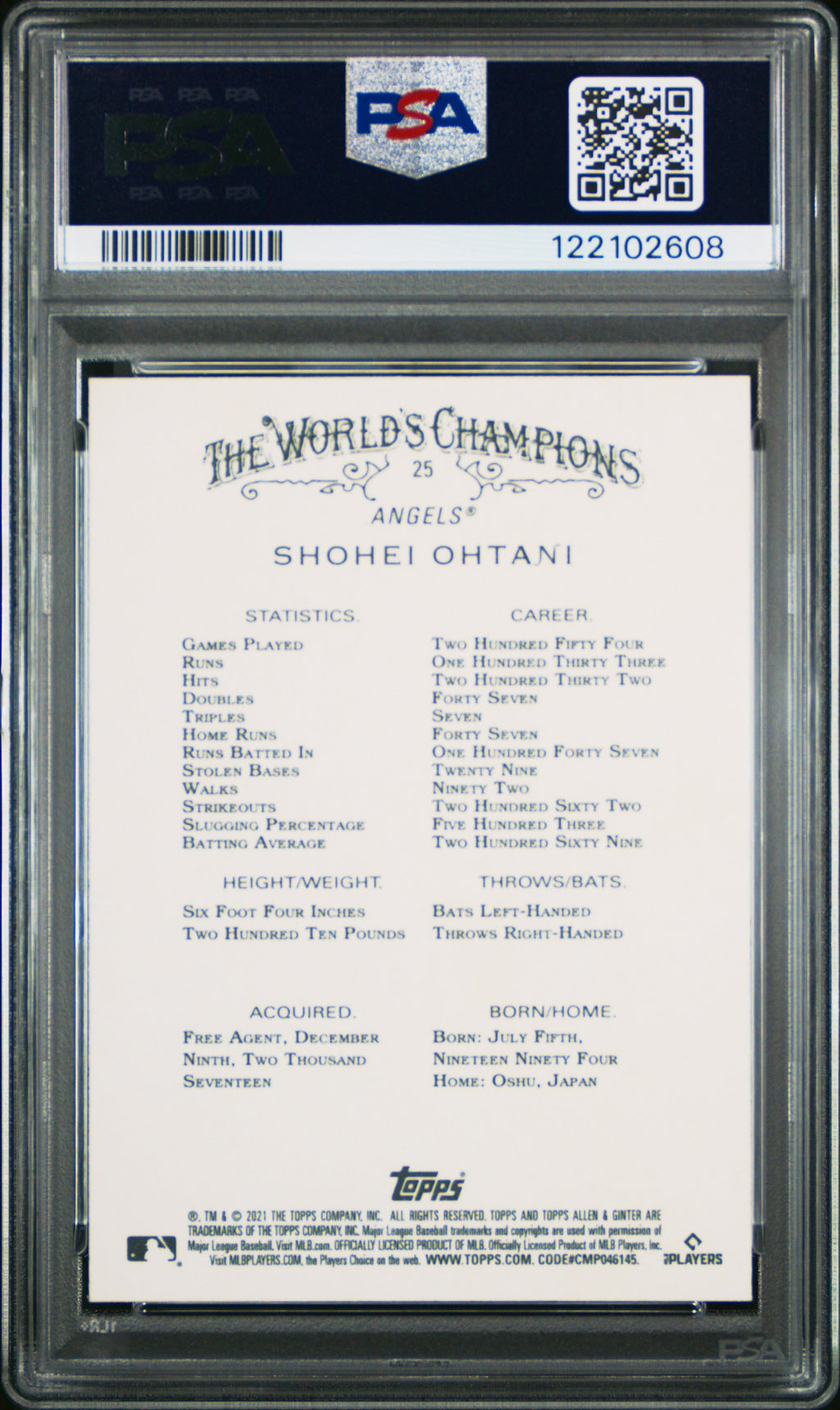 Shohei Ohtani 2021 Topps Allen & Ginter Card Los Angeles Angels #25 PSA 10