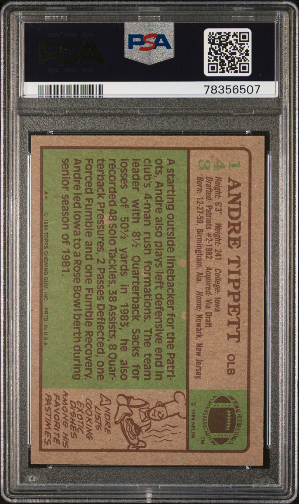 Andre Tippett 1984 Topps Auto Autograph Rookie NE Patriots #143 PSA 9 Auto 10