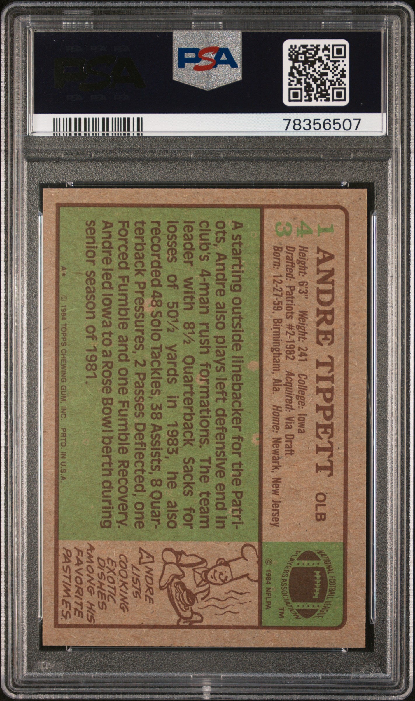 Andre Tippett 1984 Topps Auto Autograph Rookie NE Patriots #143 PSA 9 Auto 10