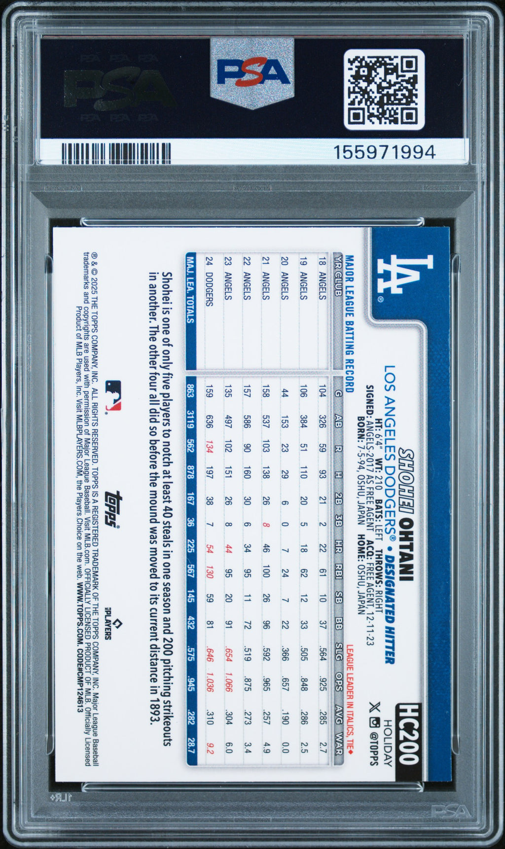 Shohei Ohtani 2025 Topps Holiday Chrome Green Sparkle Dodgers 95/99 PSA 9