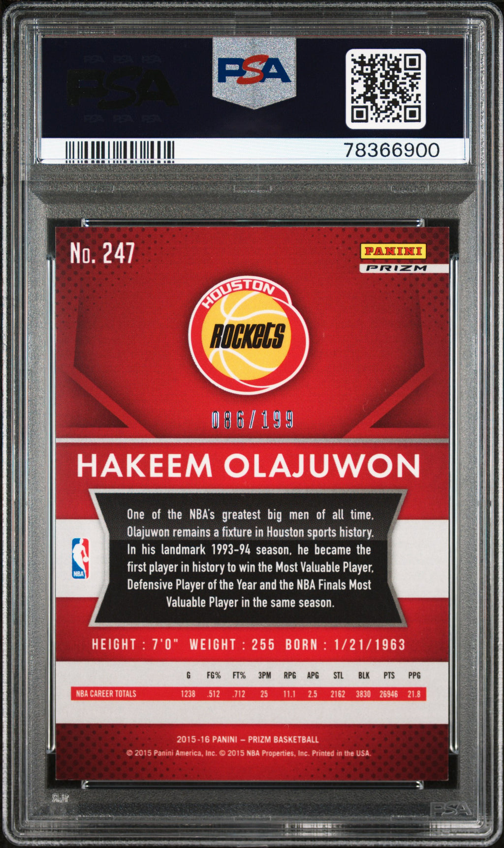 Hakeem Olajuwon 2015-16 Prizm Light Blue Prizm Houston Rockets 86/199 PSA 9