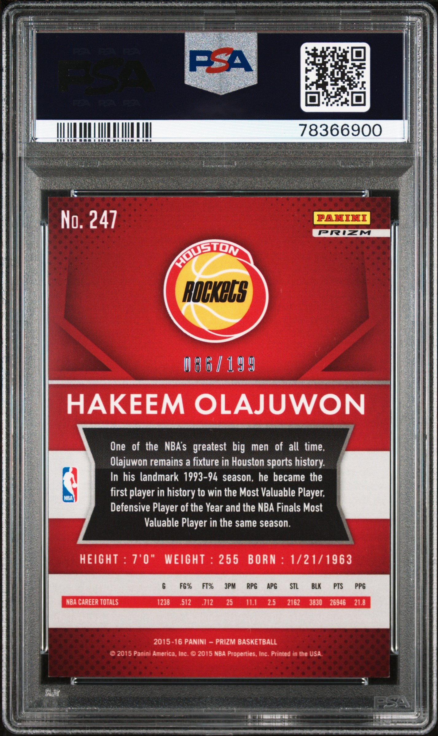 Hakeem Olajuwon 2015-16 Prizm Light Blue Prizm Houston Rockets 86/199 PSA 9