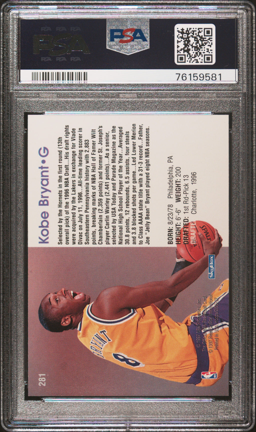Kobe Bryant 1996-97 NBA Hoops Rookie RC Los Angeles Lakers #281 PSA 9