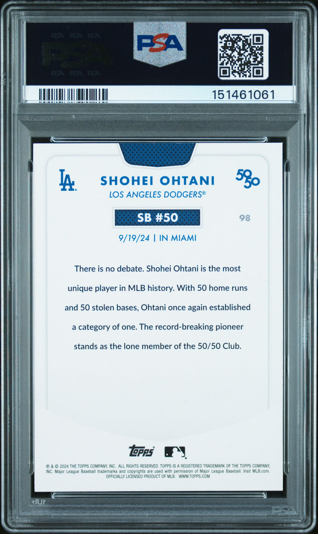 Shohei Ohtani 2024 Topps 50/50 Card Los Angeles Dodgers #98 PSA 10