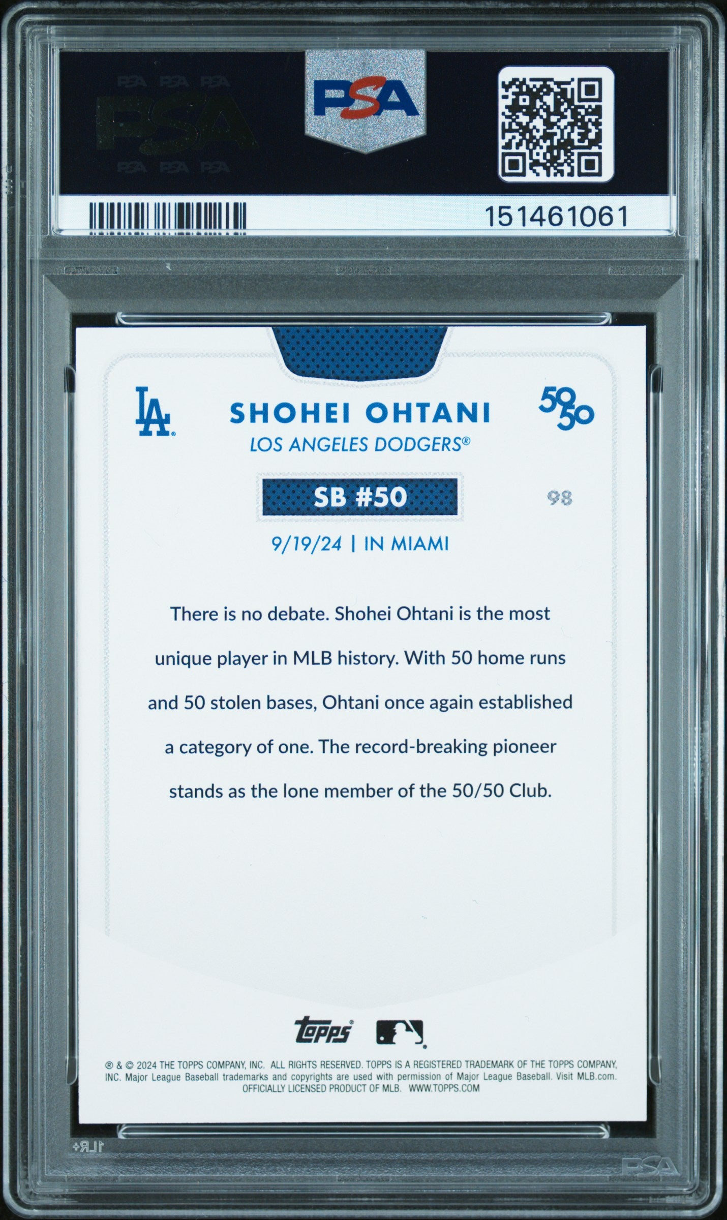 Shohei Ohtani 2024 Topps 50/50 Card Los Angeles Dodgers #98 PSA 10