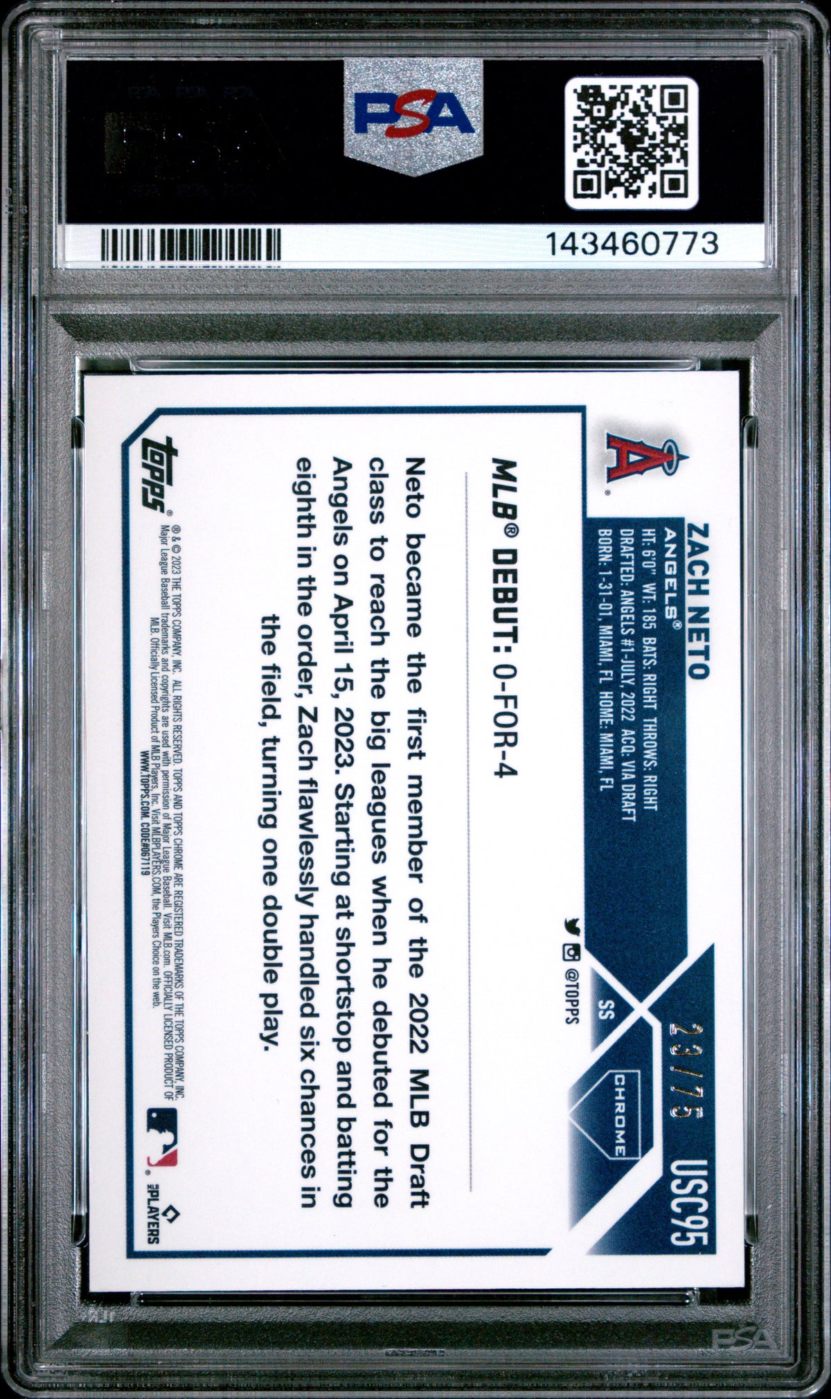 Zach Neto 2023 Topps Chrome Yellow Mini Diamond Refractor RC Angels /75 PSA 10