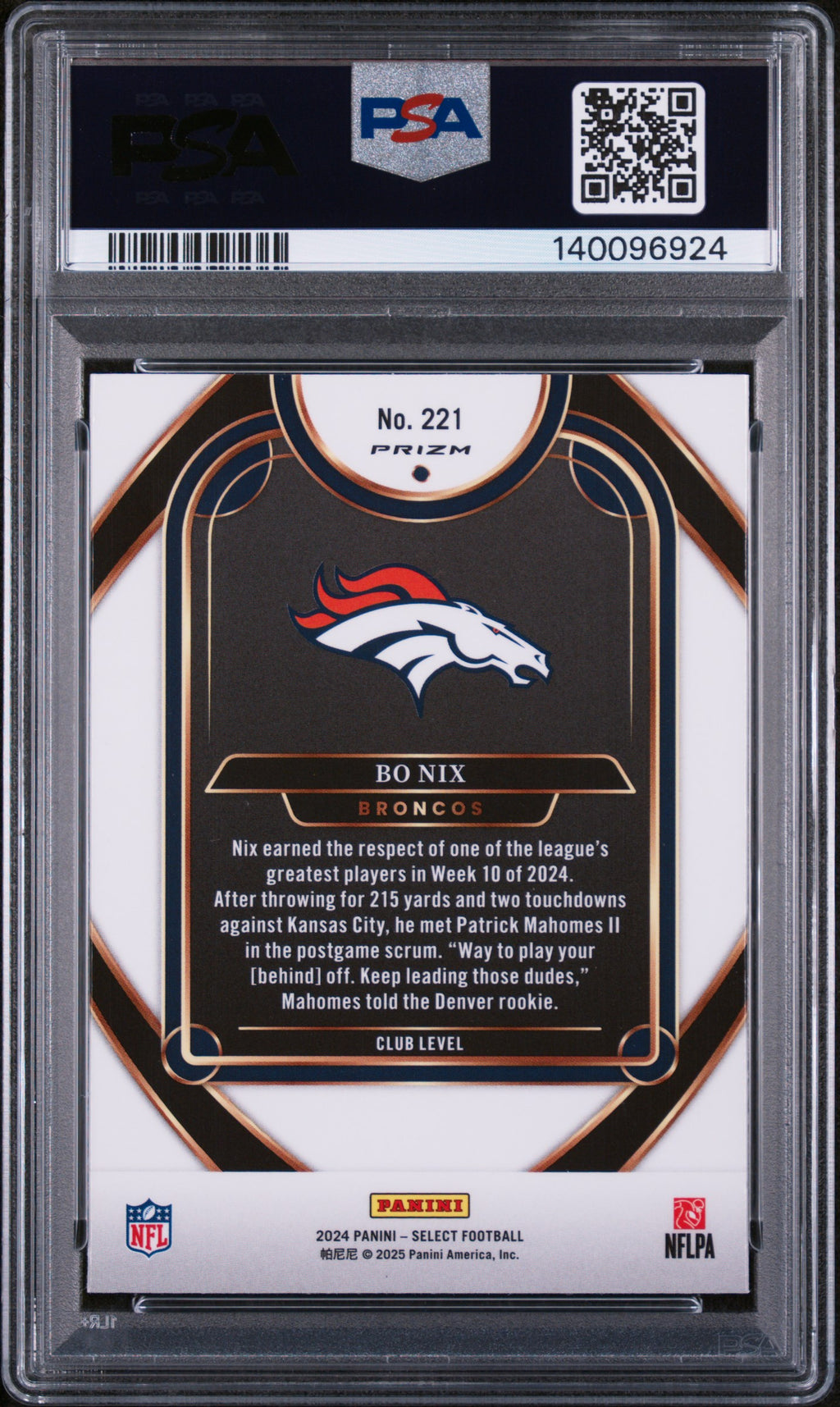 Bo Nix 2024 Select Club Black & Red Shock RC Denver Broncos #221 PSA 10