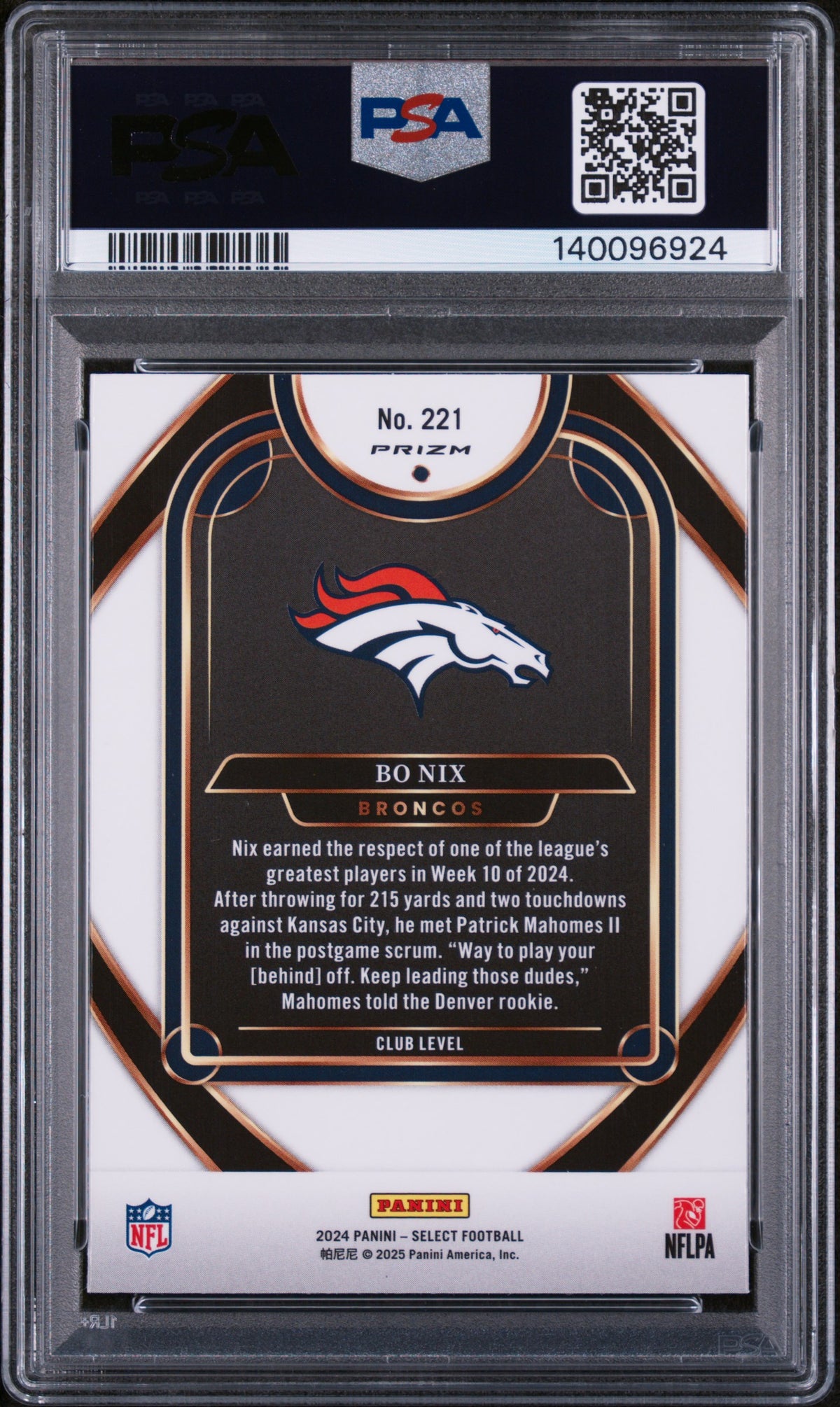 Bo Nix 2024 Select Club Black & Red Shock RC Denver Broncos #221 PSA 10