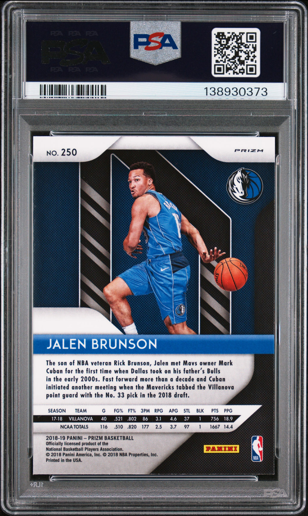 Jalen Brunson 2018-19 Prizm Silver Prizm Rookie RC Mavericks Knicks #250 PSA 9
