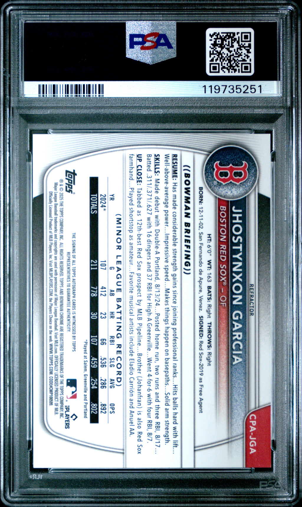 Jhostynxon Garcia 2025 Bowman Chrome 1st Auto Autograph Red Sox 442/499 PSA 10