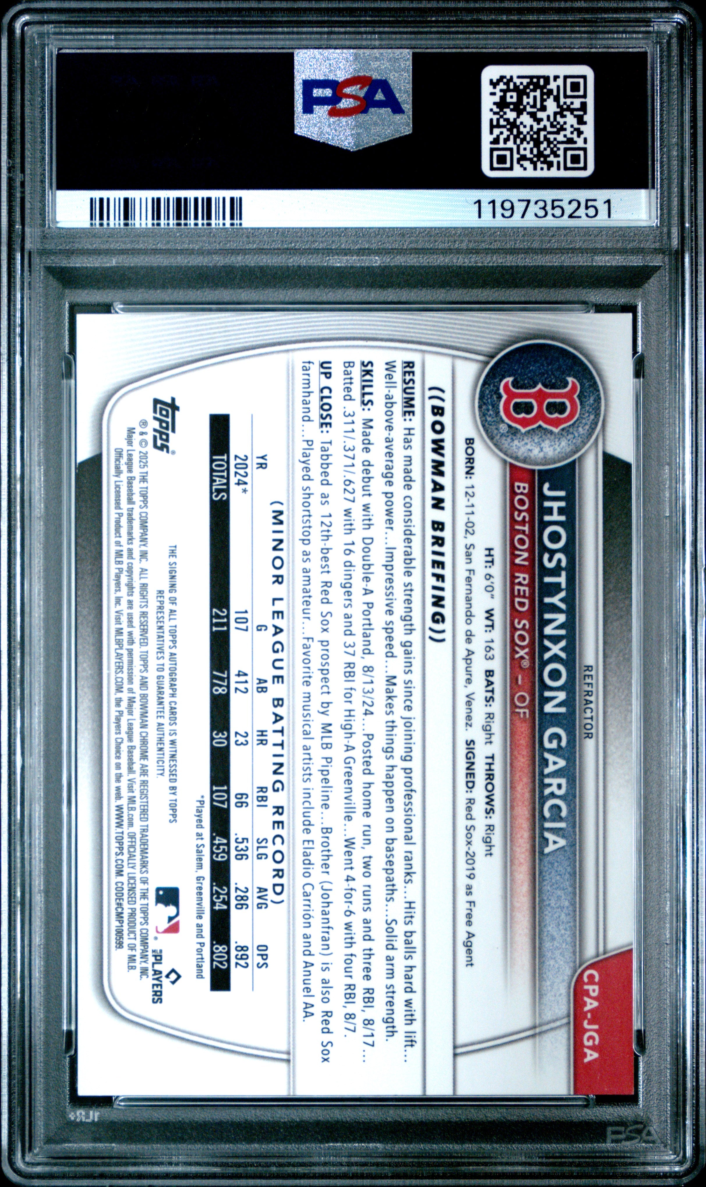 Jhostynxon Garcia 2025 Bowman Chrome 1st Auto Autograph Red Sox 442/499 PSA 10
