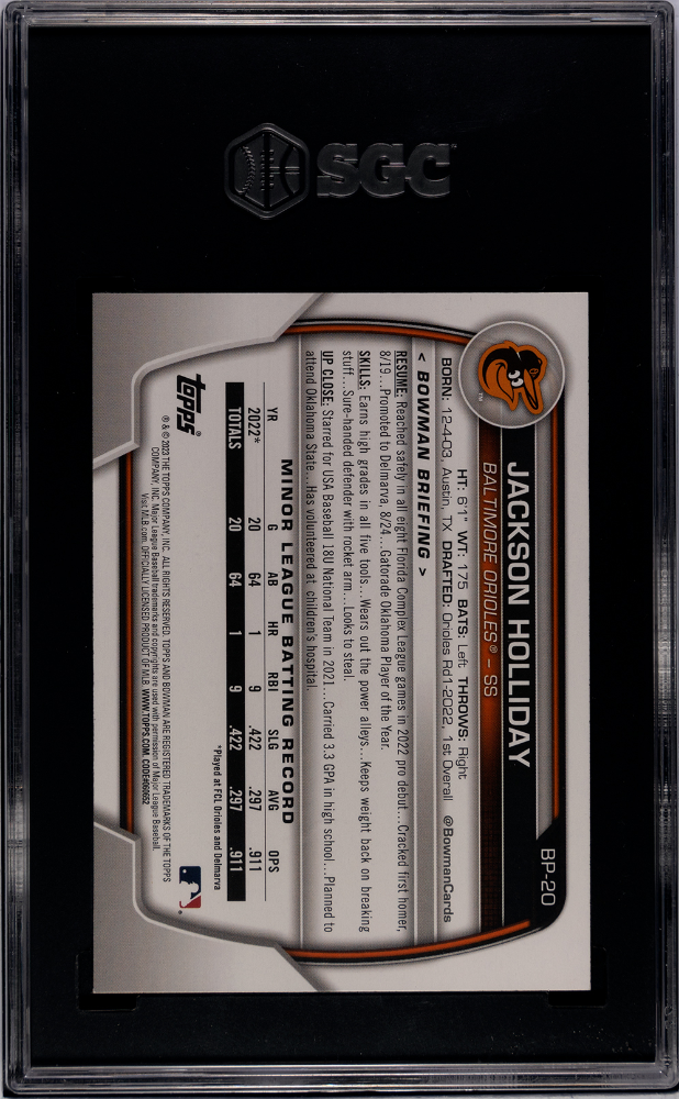 Jackson Holliday 2023 Bowman Prospect Orange Baltimore Orioles 17/25 SGC 9