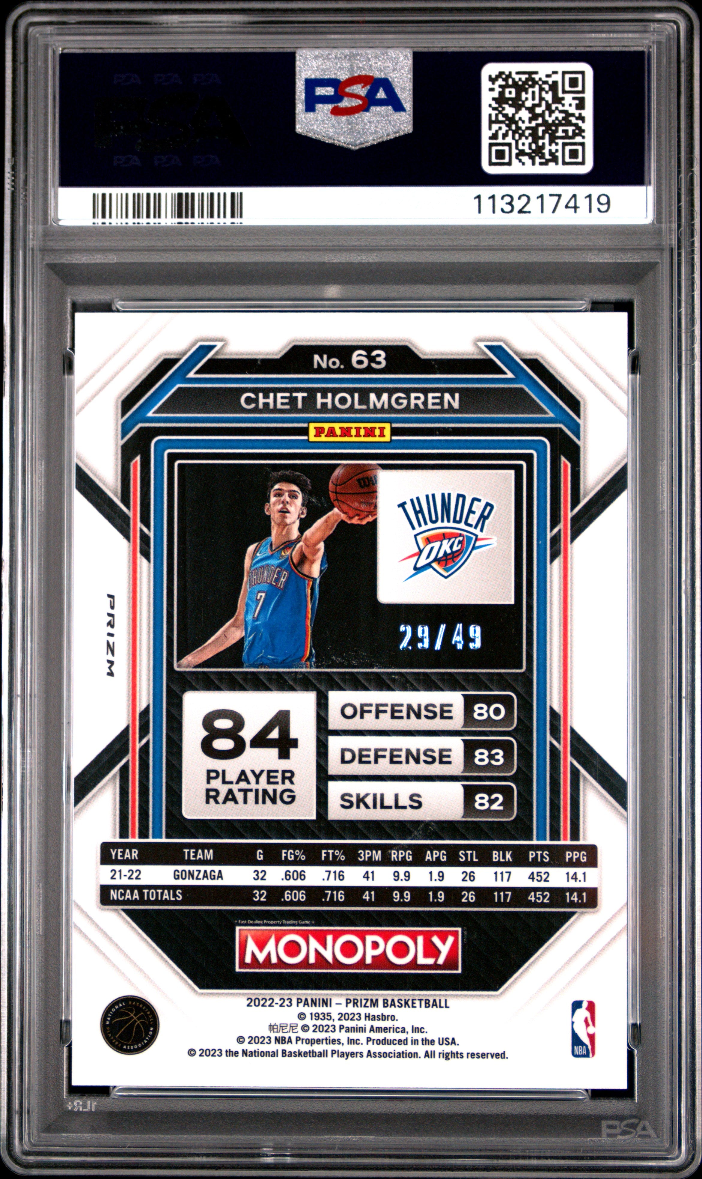 Chet Holmgren 2022-23 Prizm Monopoly Gold Prizm Rookie RC Thunder 29/49 PSA 9
