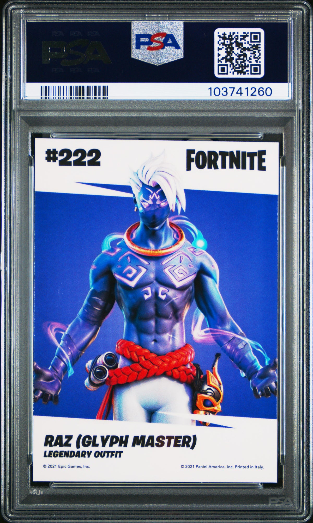 Raz (Glyph Master) 2021 Panini Fortnite Optichrome Legendary Outfit #222 PSA 7