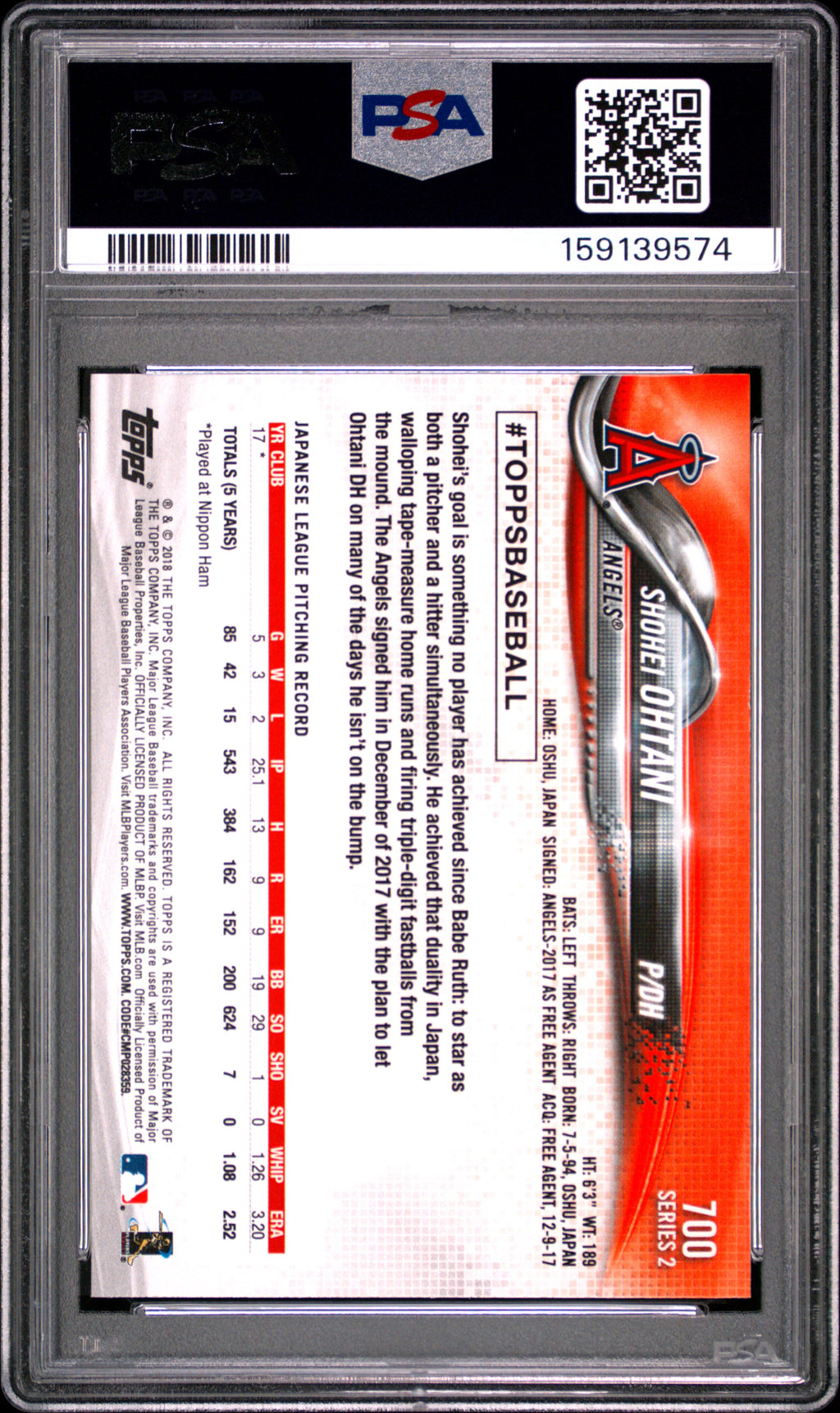 Shohei Ohtani 2018 Topps Rookie Card RC Los Angeles Angels #700 PSA 10