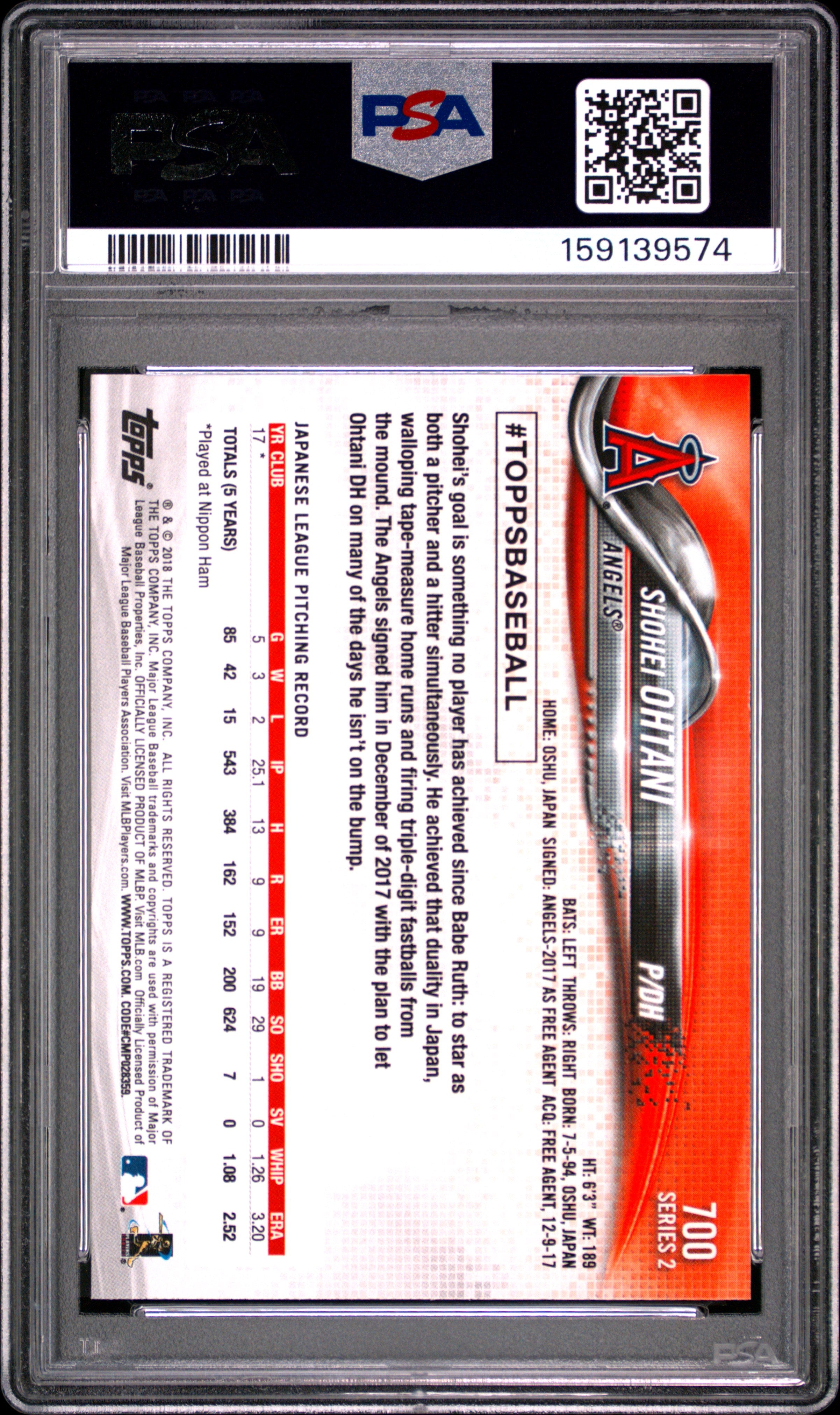 Shohei Ohtani 2018 Topps Rookie Card RC Los Angeles Angels #700 PSA 10