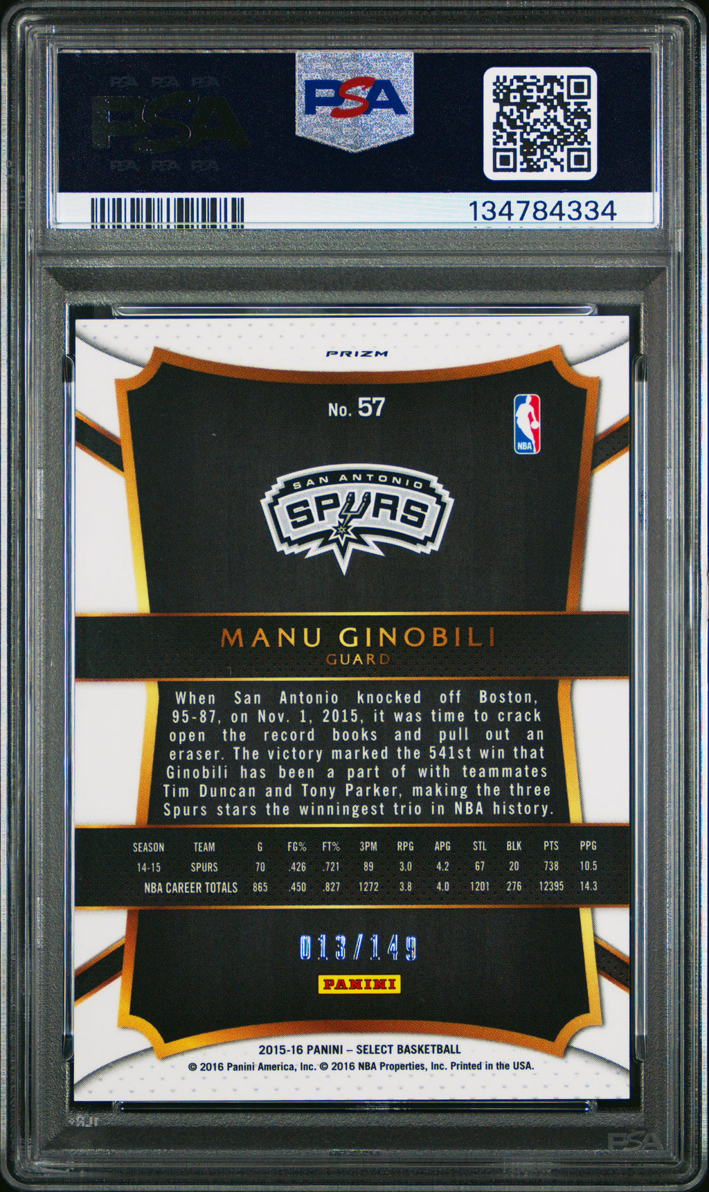 Manu Ginobili 2015-16 Select Red Prizm San Antonio Spurs 13/149 PSA 10