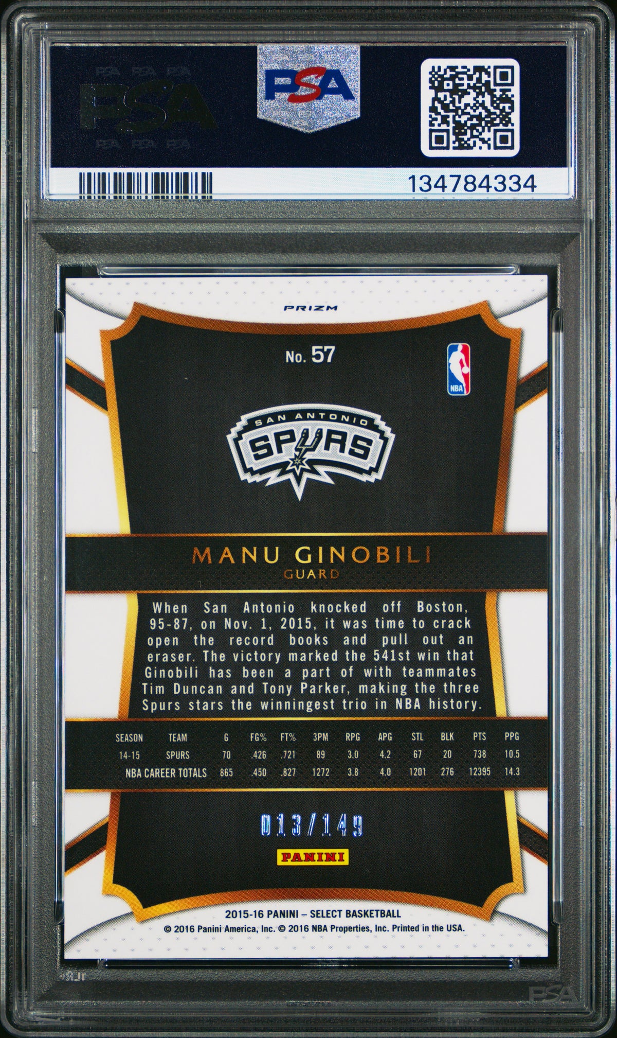 Manu Ginobili 2015-16 Select Red Prizm San Antonio Spurs 13/149 PSA 10