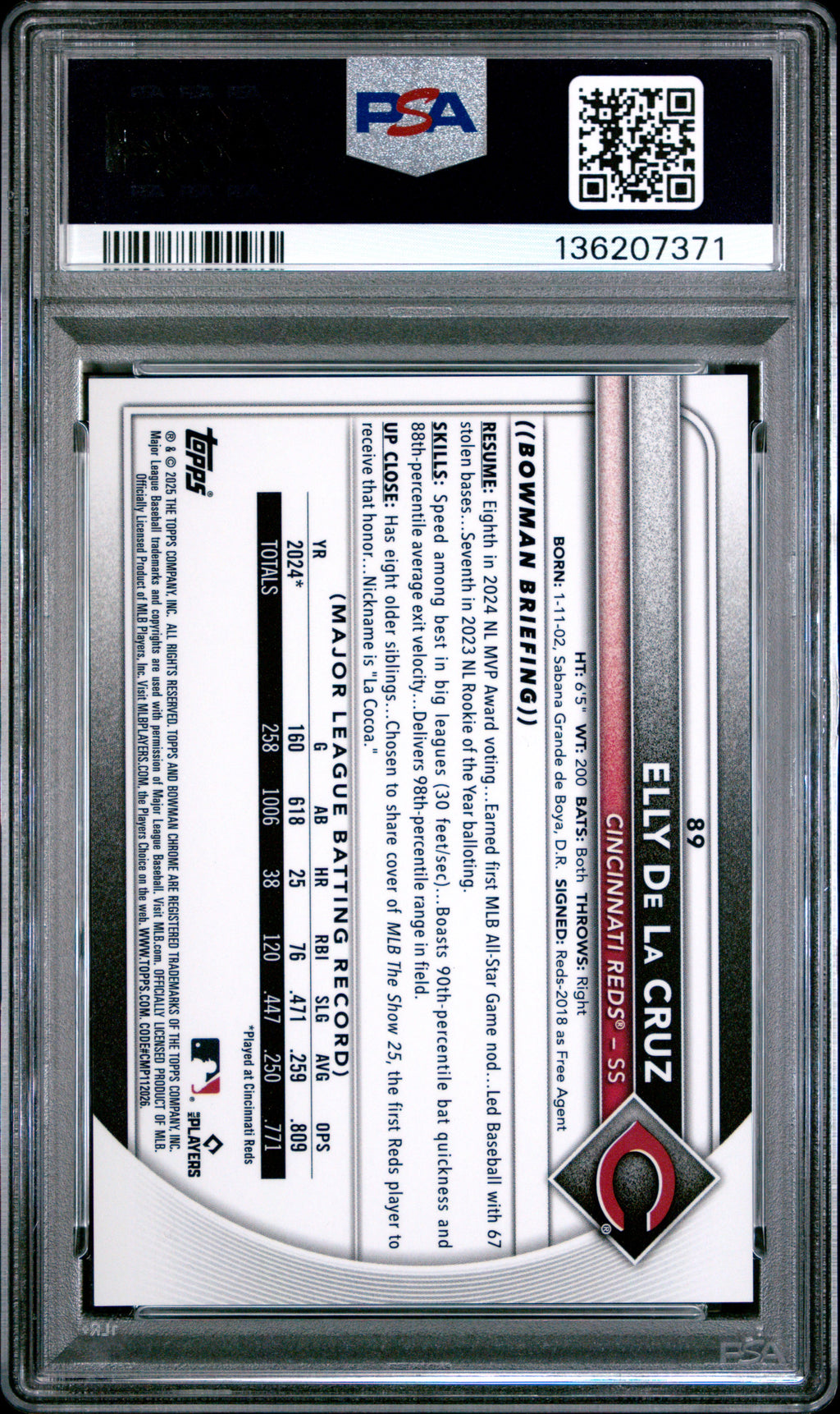 Elly De La Cruz 2025 Bowman Chrome Red Geometric Refractor Reds 2/5 PSA 9