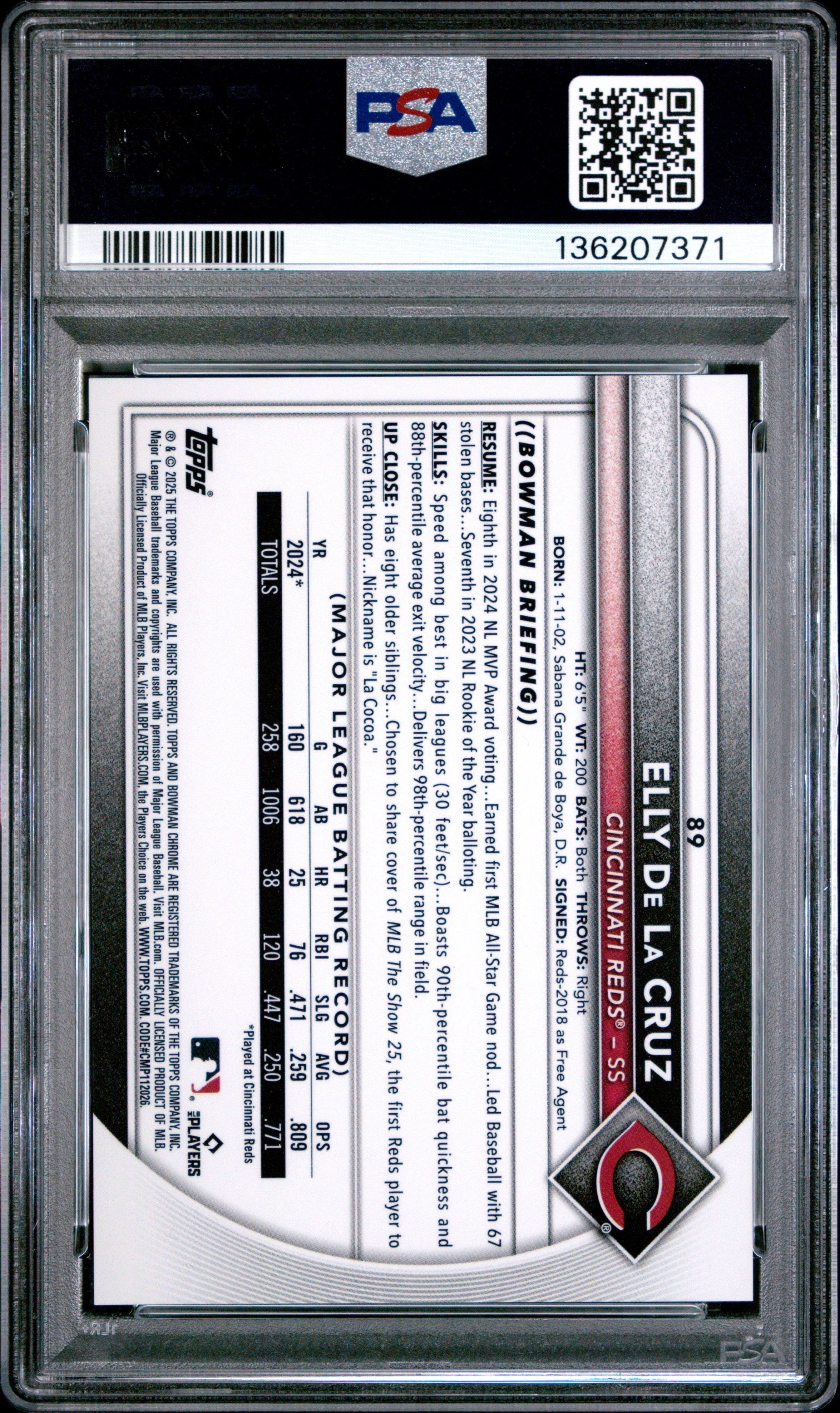 Elly De La Cruz 2025 Bowman Chrome Red Geometric Refractor Reds 2/5 PSA 9