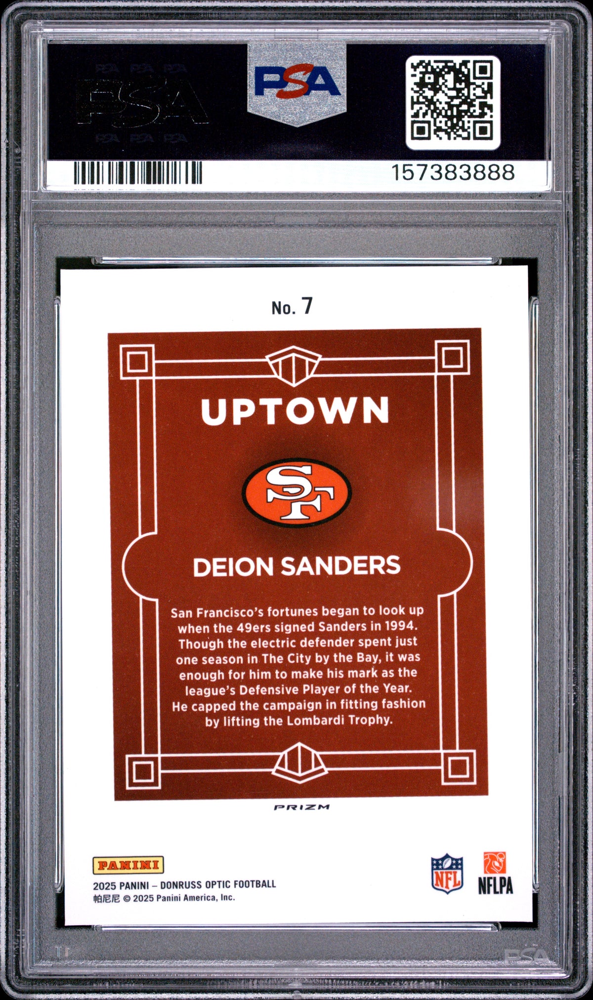 Deion Sanders 2025 Optic Uptown CASE HIT SSP San Francisco 49ers PSA 8