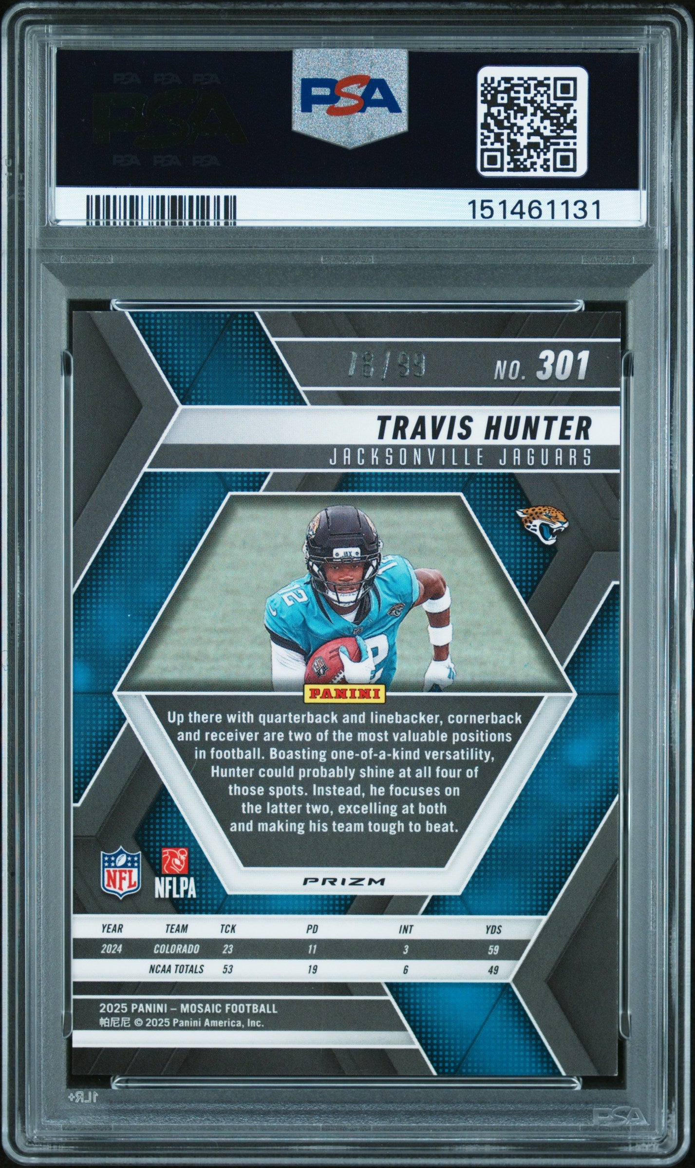 Travis Hunter 2025 Mosaic Blue No Huddle Prizm Rookie RC Jaguars 78/99 PSA 9