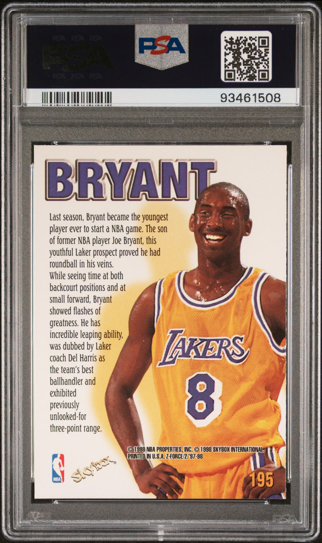 Kobe Bryant 1997-98 Skybox Z-Force 2nd Year Card Los Angeles Lakers #195 PSA 9