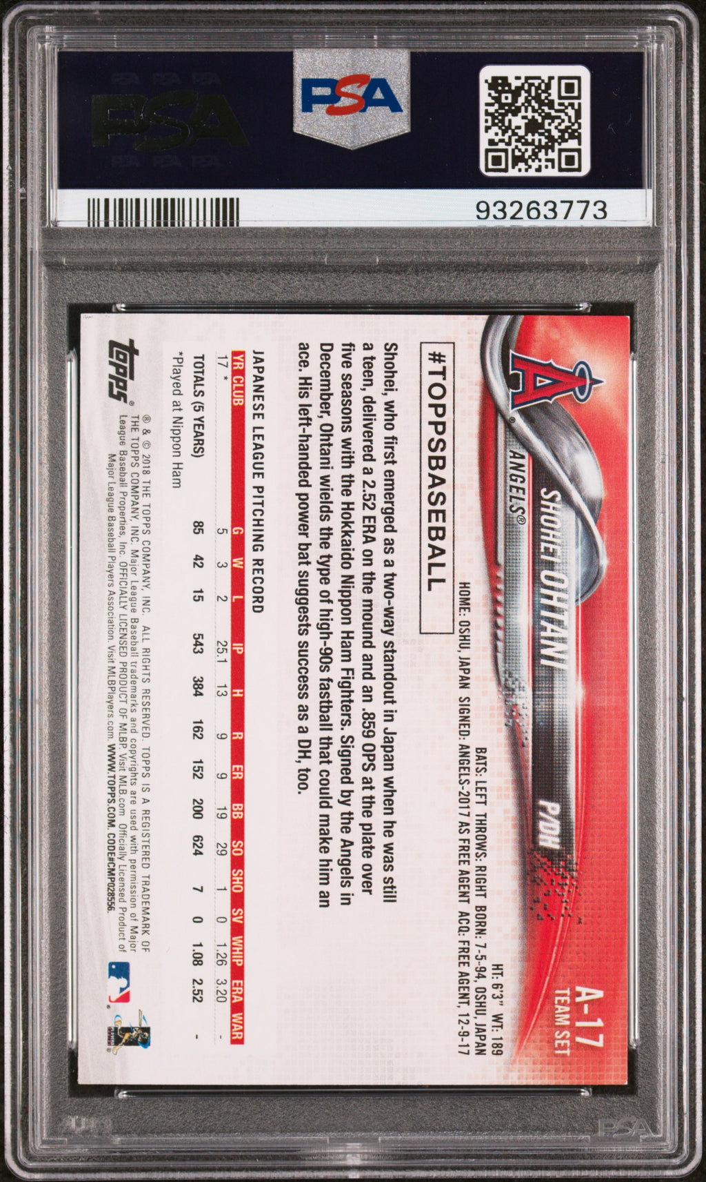 Shohei Ohtani 2018 Topps Team Set Rookie RC Los Angeles Angels #A17 PSA 8