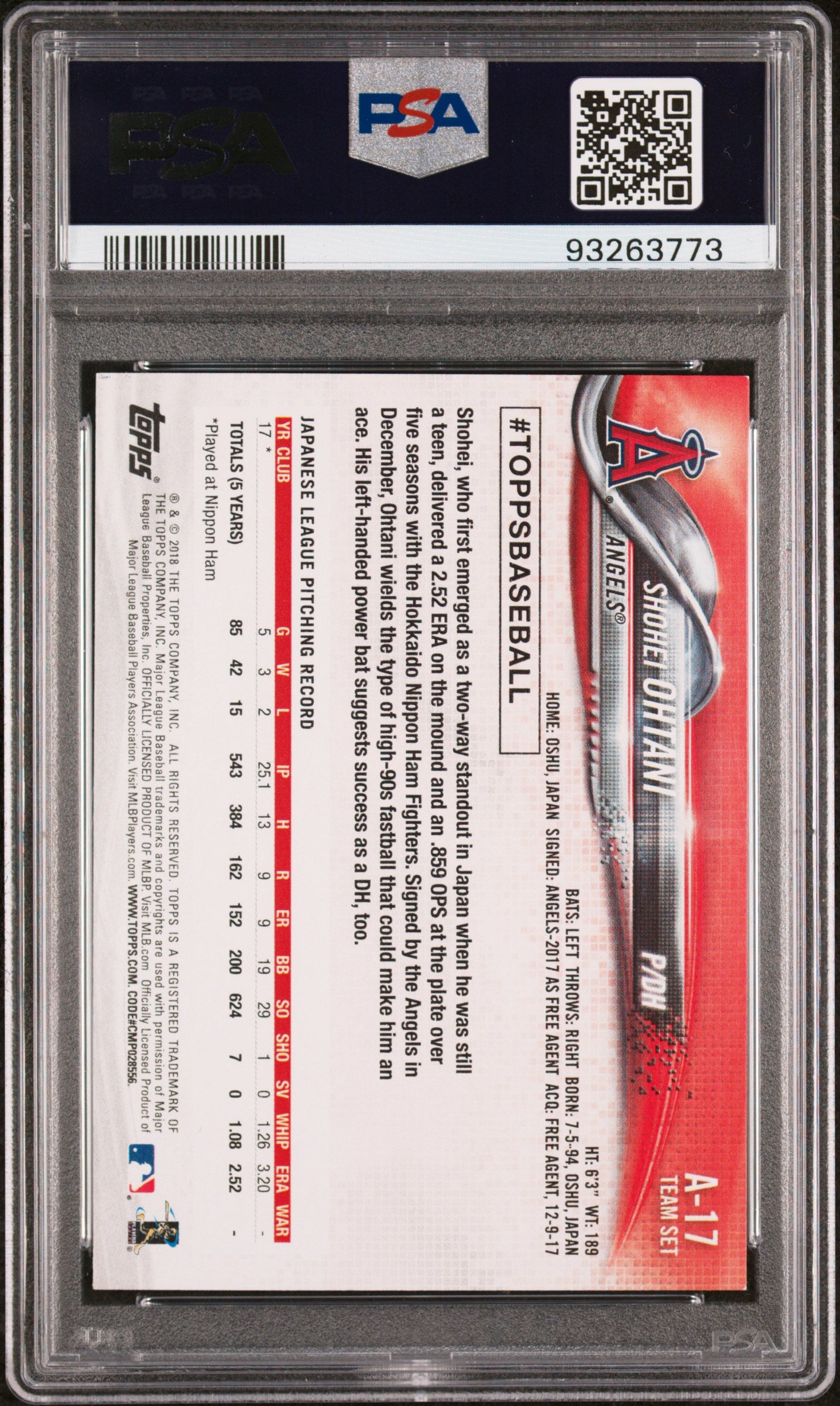 Shohei Ohtani 2018 Topps Team Set Rookie RC Los Angeles Angels #A17 PSA 8