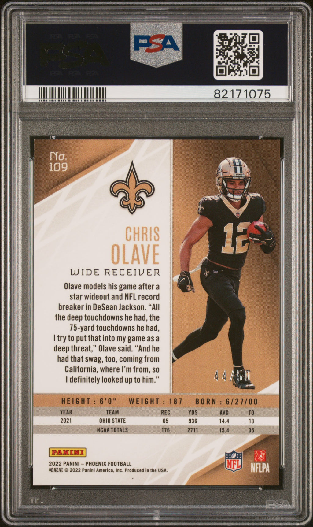Chris Olave 2022 Phoenix Fire & Ice Lazer Rookie RC Saints 44/50 PSA 9