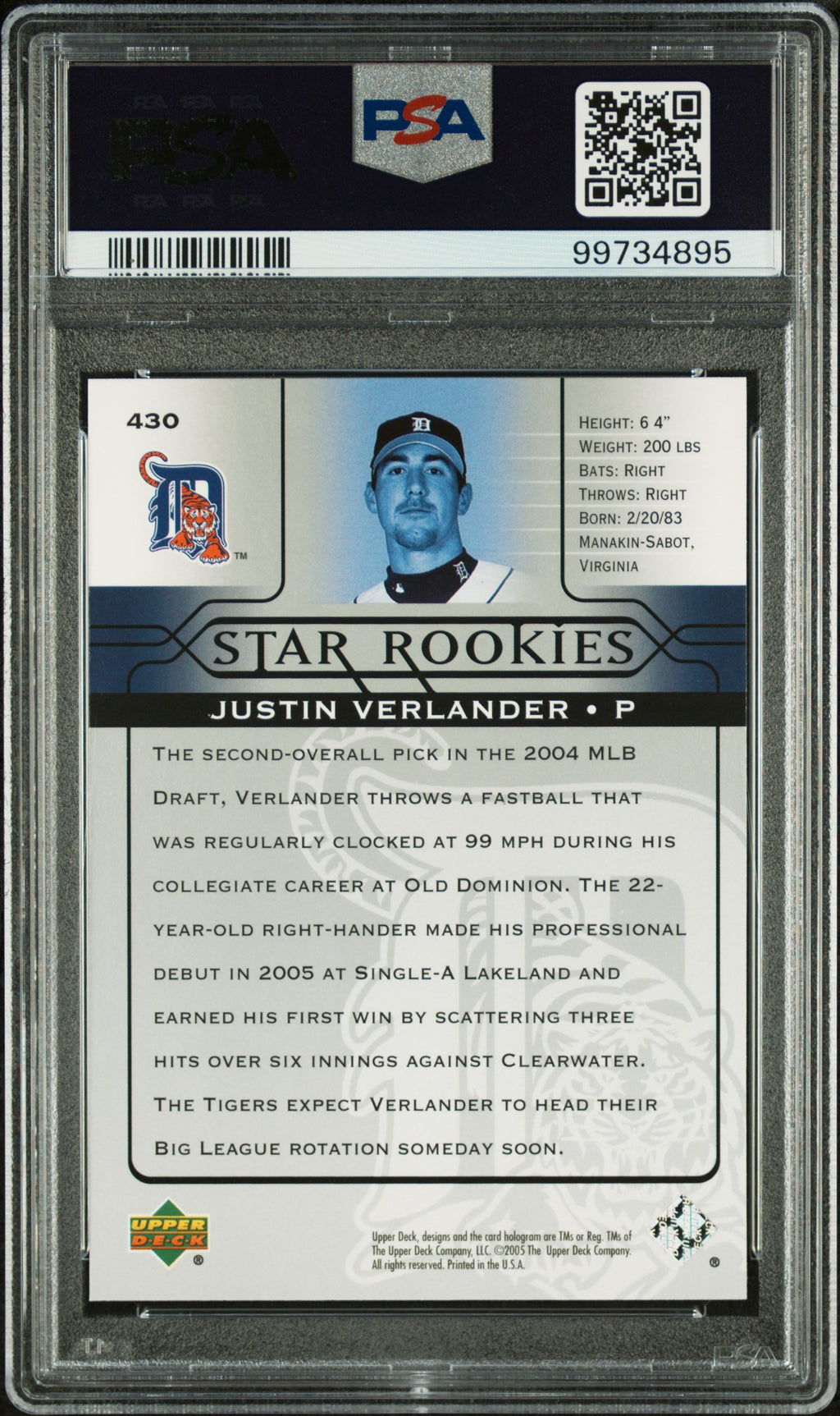 Justin Verlander 2005 Upper Deck Rookie RC Detroit Tigers #430 PSA 9