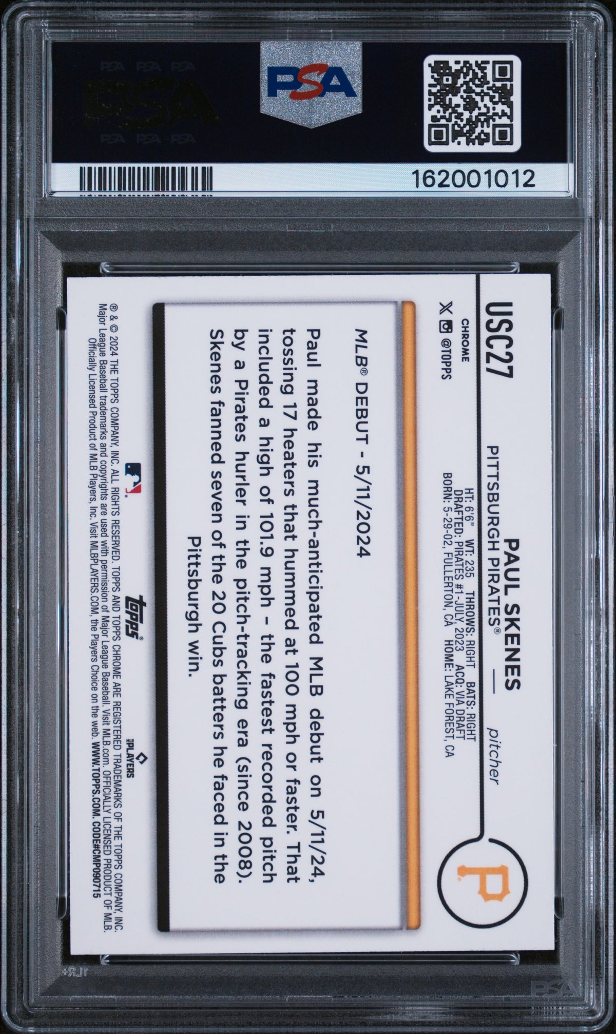 Paul Skenes 2024 Topps Chrome Update Rookie RC Pittsburgh Pirates #27 PSA 10