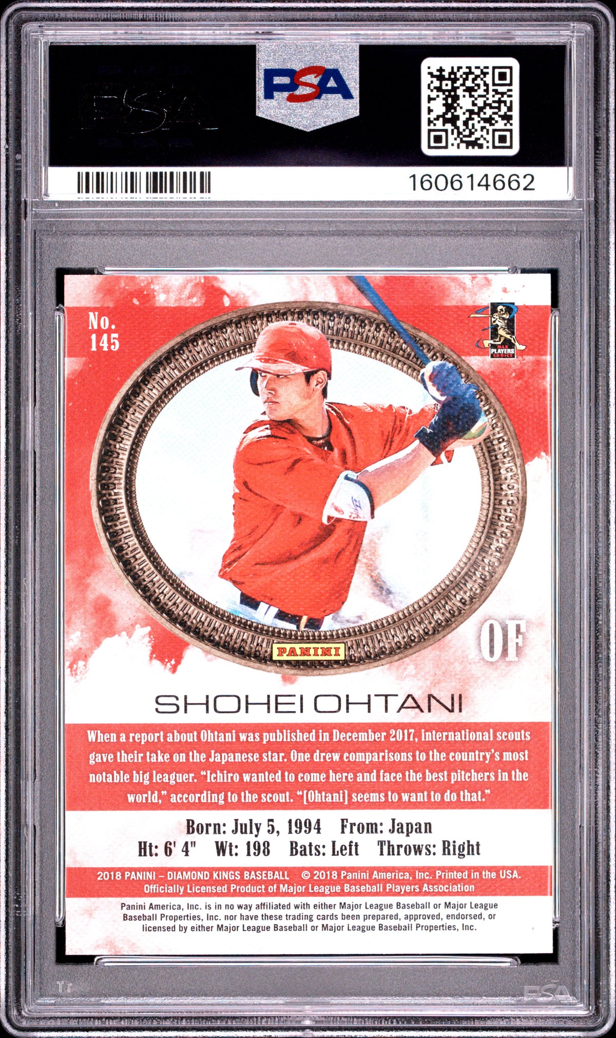Shohei Ohtani 2018 Diamond Kings Rookie RC Los Angeles Angels #145 PSA 10