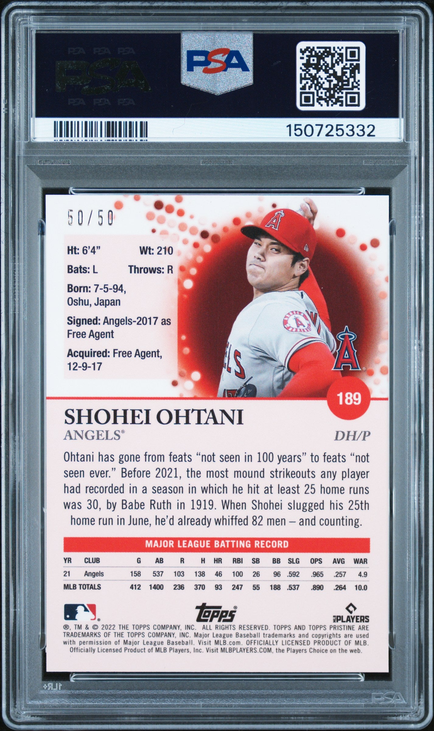 Shohei Ohtani 2022 Topps Pristine GOLD Refractor Los Angeles Angels 50/50 PSA 10