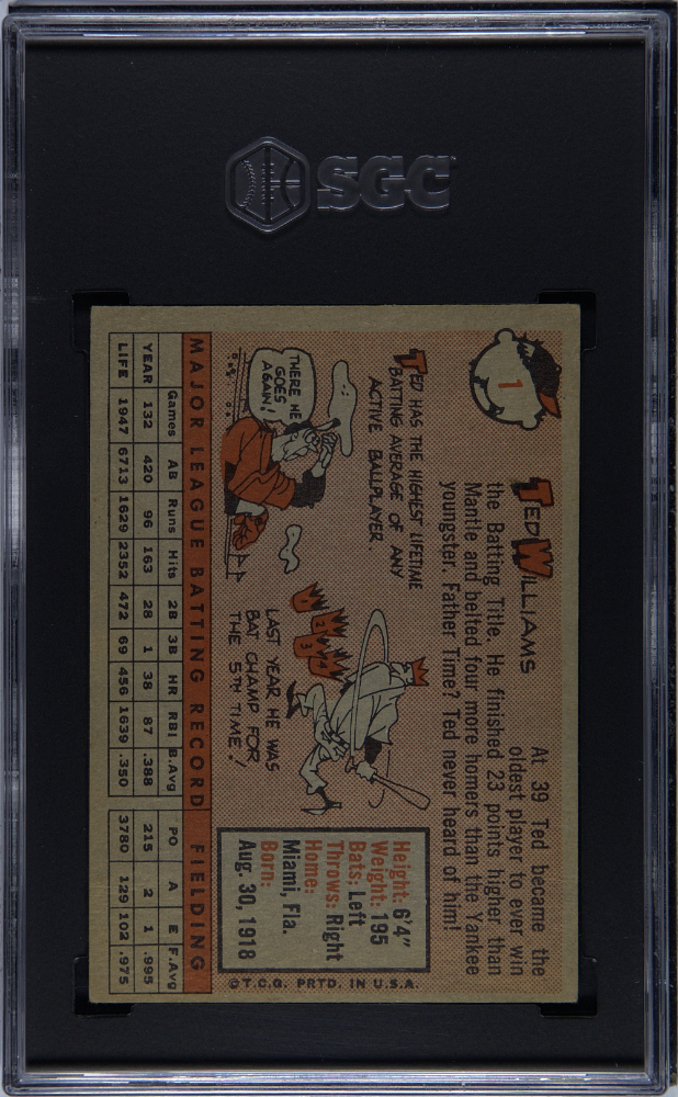 Ted Williams 1958 Topps Card Boston Red Sox #1 SGC 3