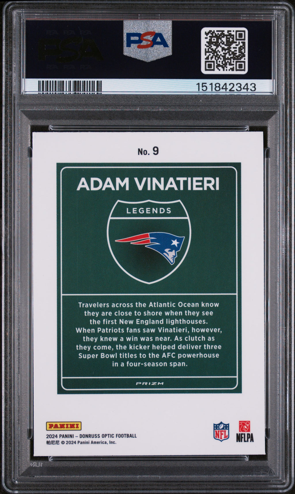 Adam Vinatieri 2024 Optic DOWNTOWN Legends SSP CASE HIT #9 Patriots PSA 9