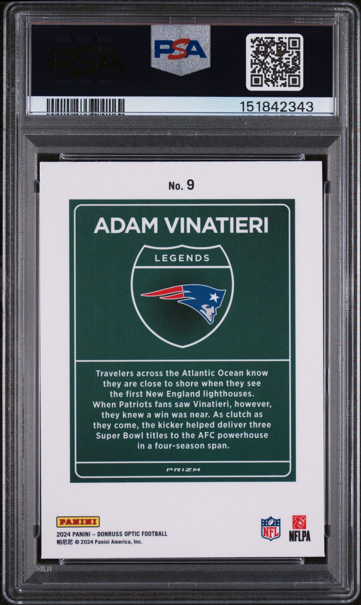 Adam Vinatieri 2024 Optic DOWNTOWN Legends SSP CASE HIT #9 Patriots PSA 9