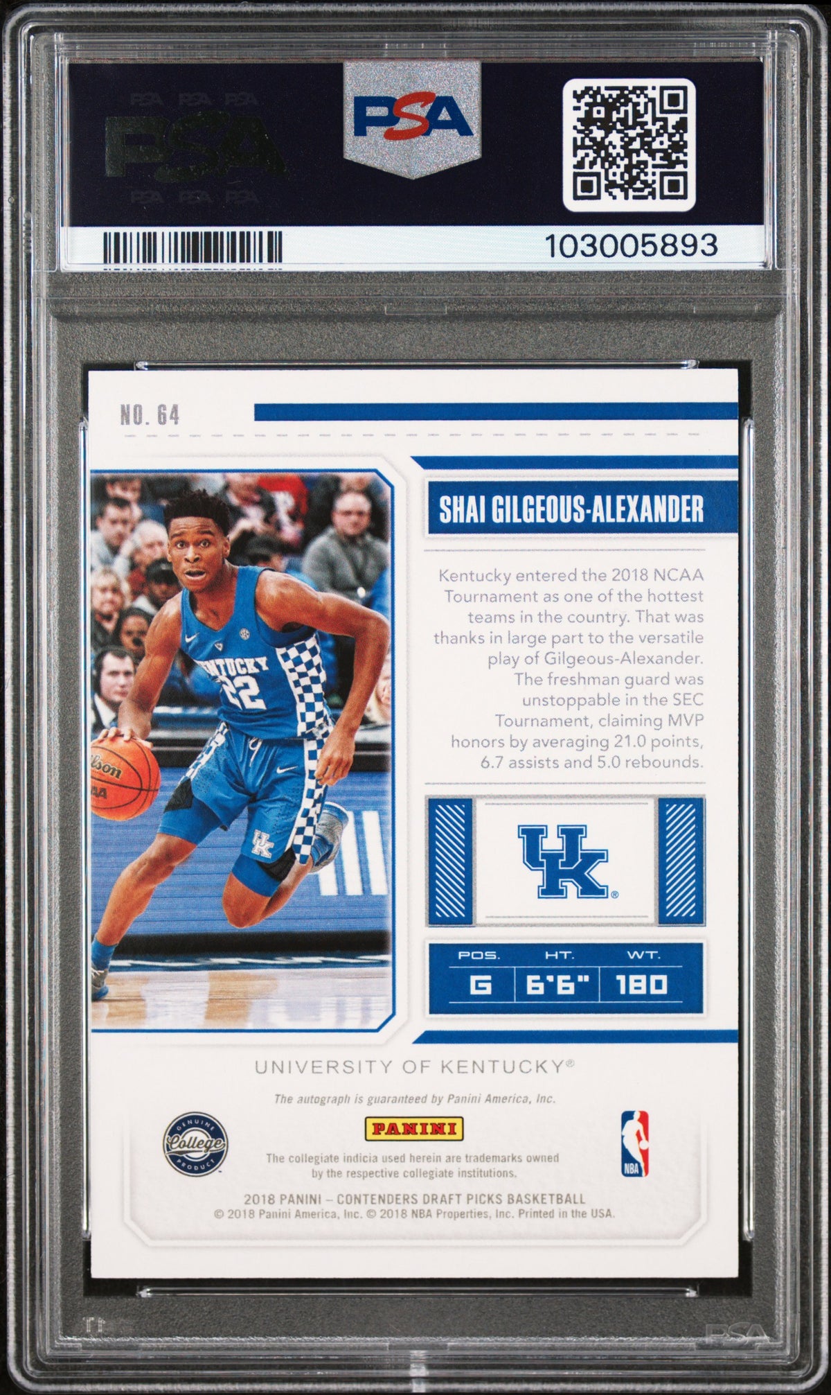 Shai Gilgeous-Alexander 2018 Contenders Auto Autograph RC Thunder Kentucky PSA 9