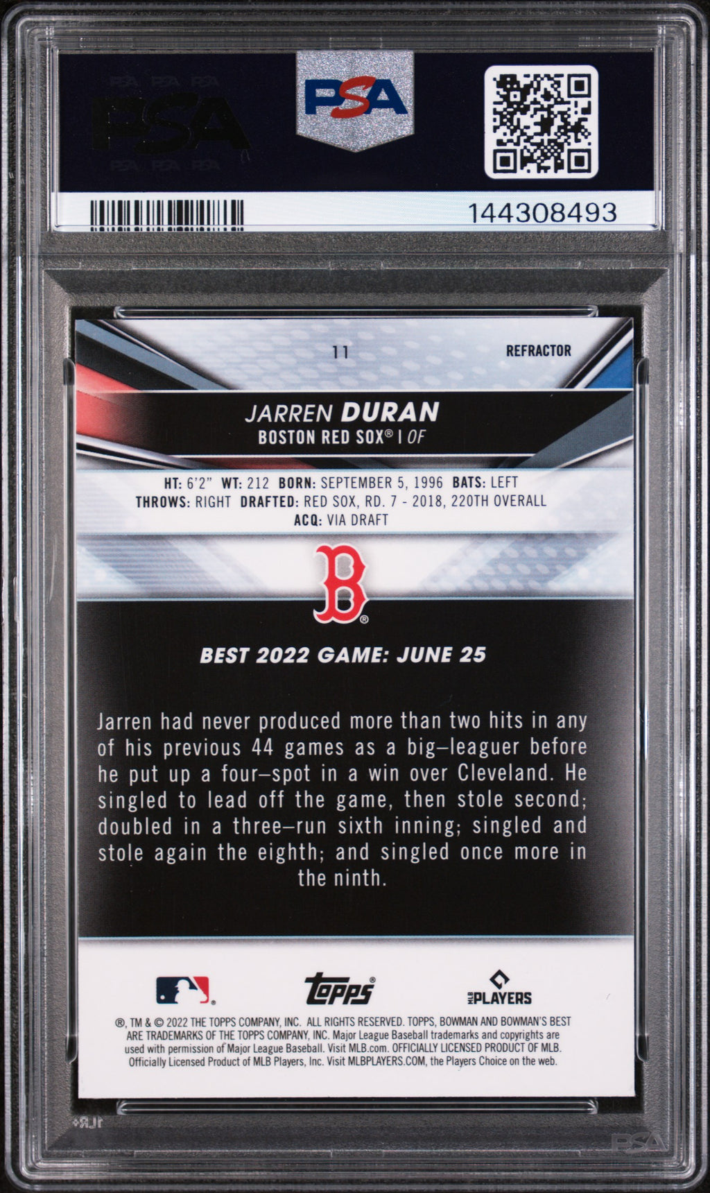 Jarren Duran 2022 Bowman's Best Refractor Rookie RC Boston Red Sox PSA 10
